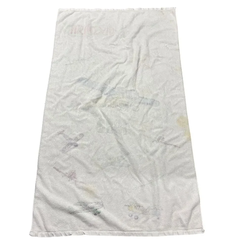 VTG 1993 Oshkosh Wisconsin White Beach Towel Airplane Graphic 36 X 62” READ FLAW